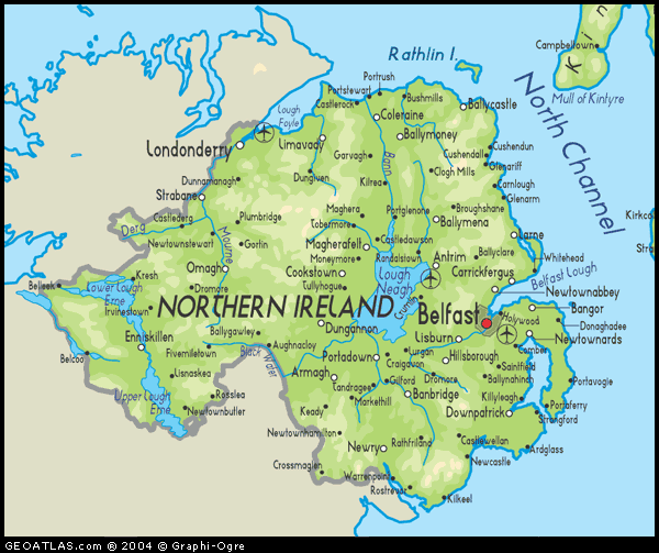 Physical map of Northern Ireland map